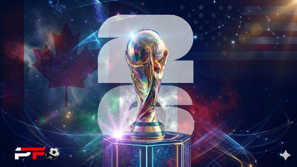 Logo oficial del Mundial 2026 con el número 26 apilado y el trofeo fotorrealista en el centro